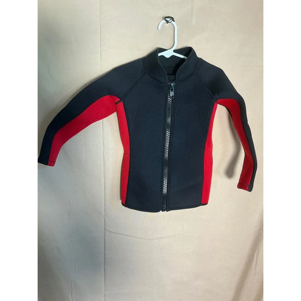 REALON Wetsuit Top Kids Size 4 Black Red Excellent 3mm Neoprene Front Zip Jacket